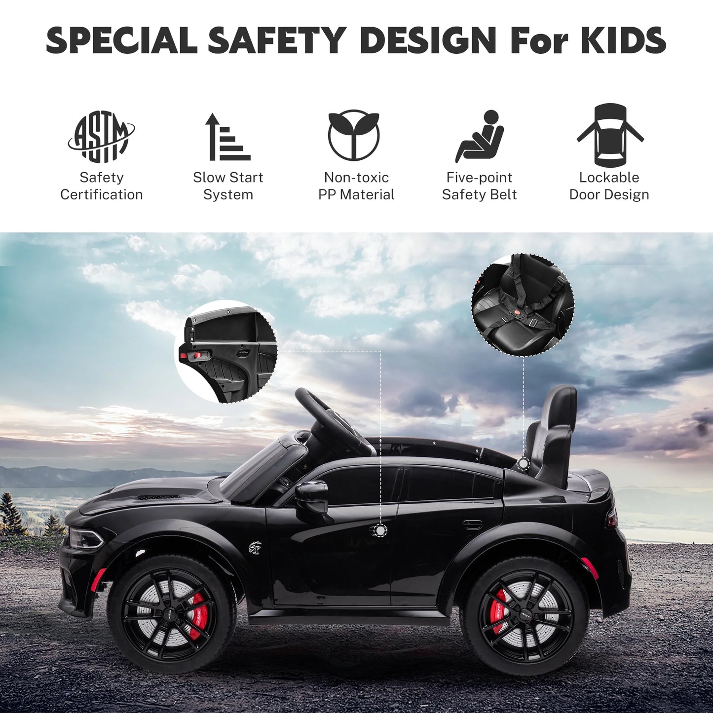 Dodge Electric Ride on Cars for Kids, 12V Licensed Dodge Charger SRT Powered Ride on Toys Cars with Parent Remote Control, Electric Car for Girls 3-5 W/Music Player/Led Headlights/Safety Belt, Black